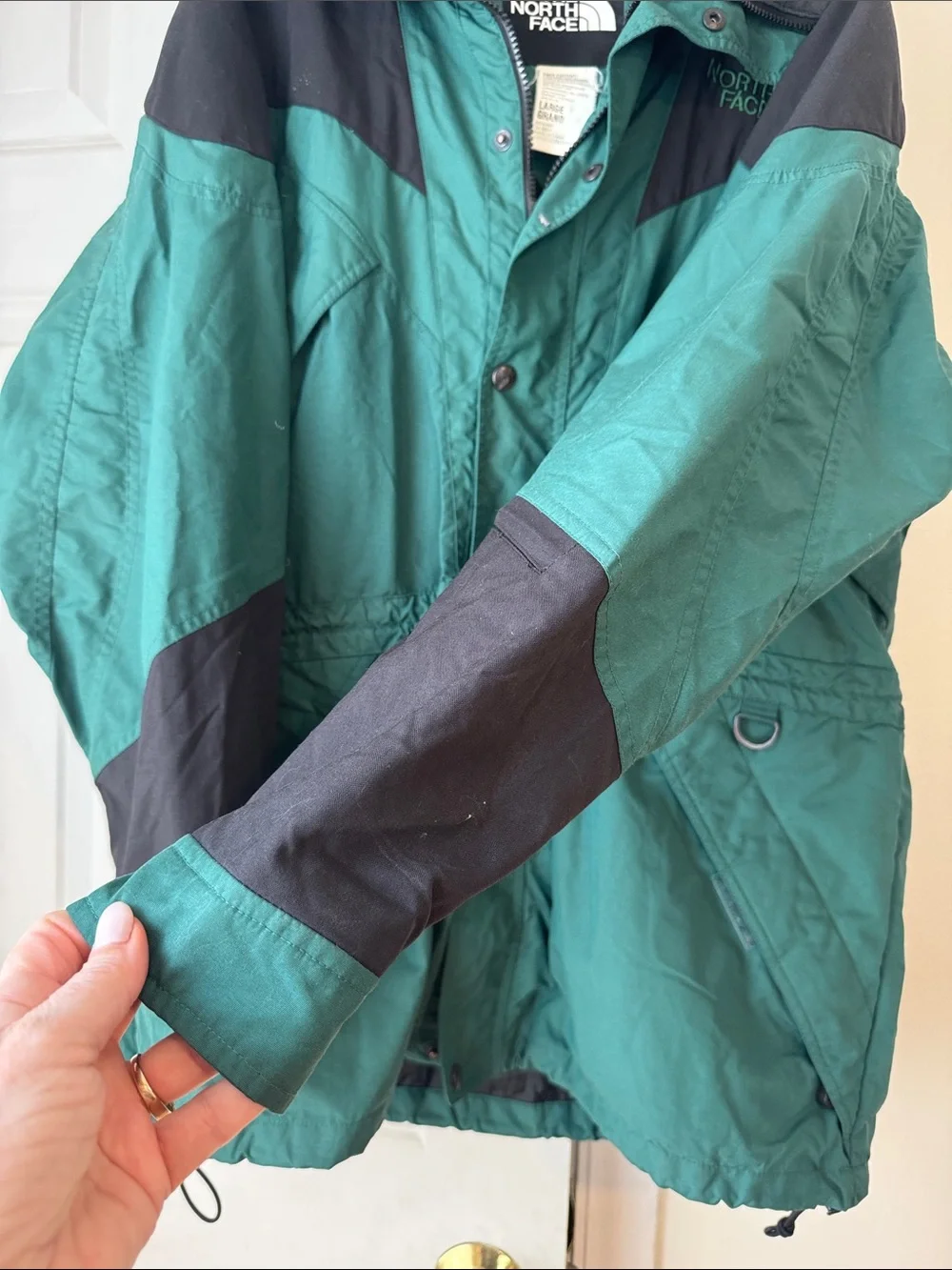 Vintage 90s The North Face Green Black Colorblock Hooded Ski Snow Jacket Large